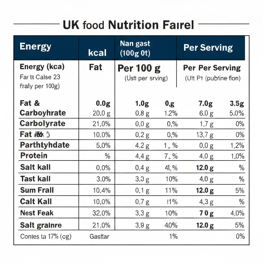 Closeup of UK nutrition information panel showing energy kcal fat carbohydrate values
